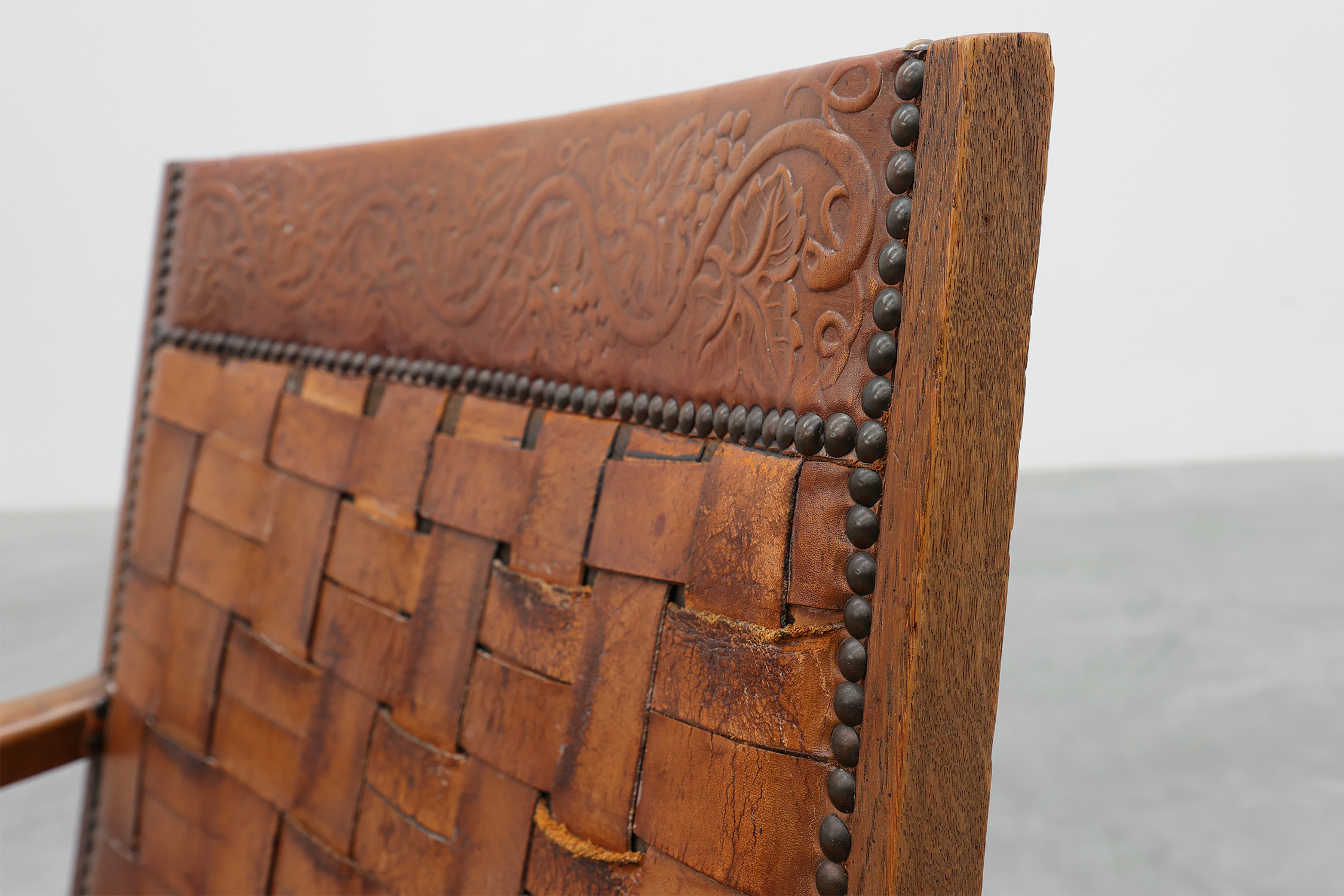 Art Deco Oak Lounge Chair with Woven Leather Back and Ochre Velvet, Belgium, 1920sthumbnail